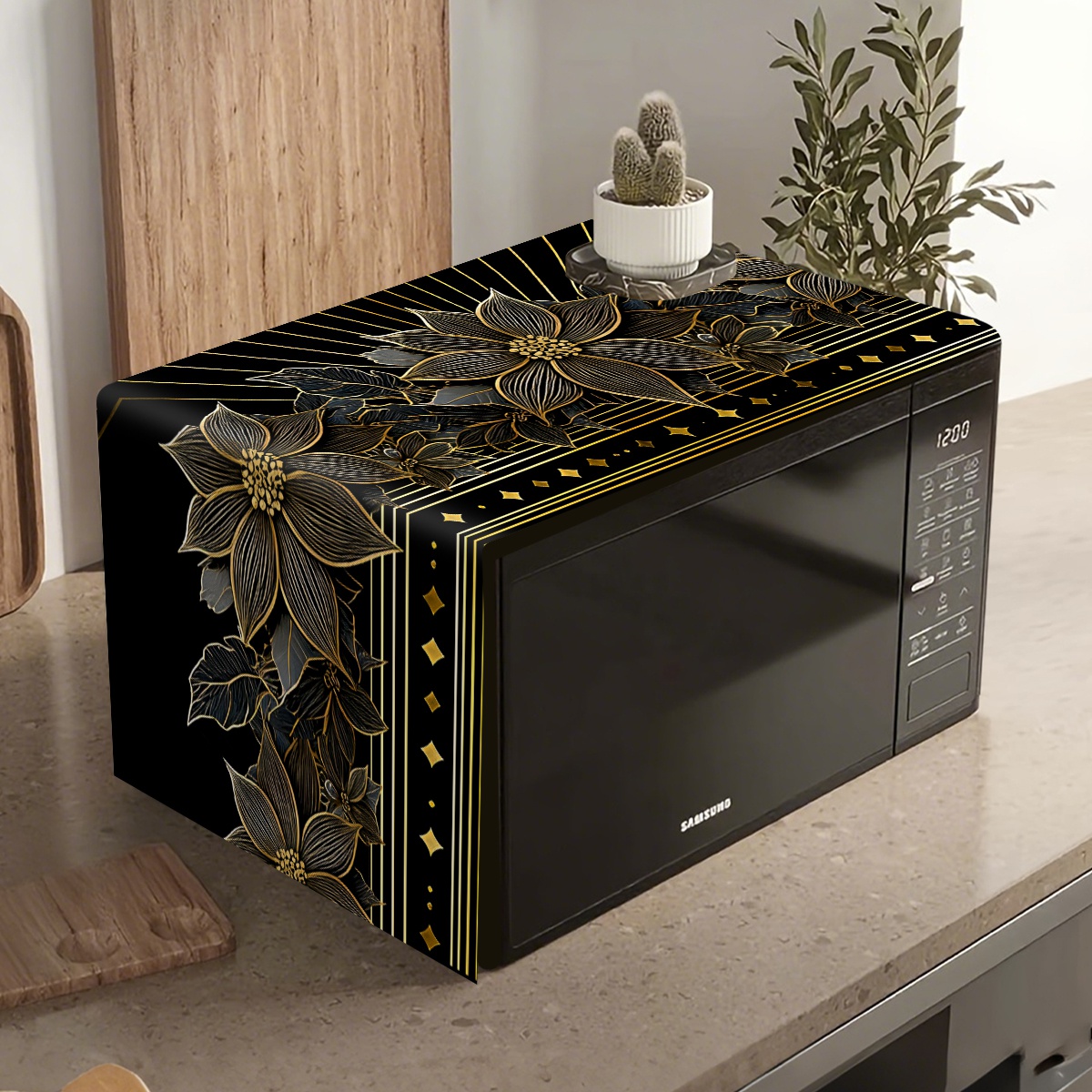 Kitchen Appliances Luxury - Penutup Debu Microwave Motif Bunga Emas
